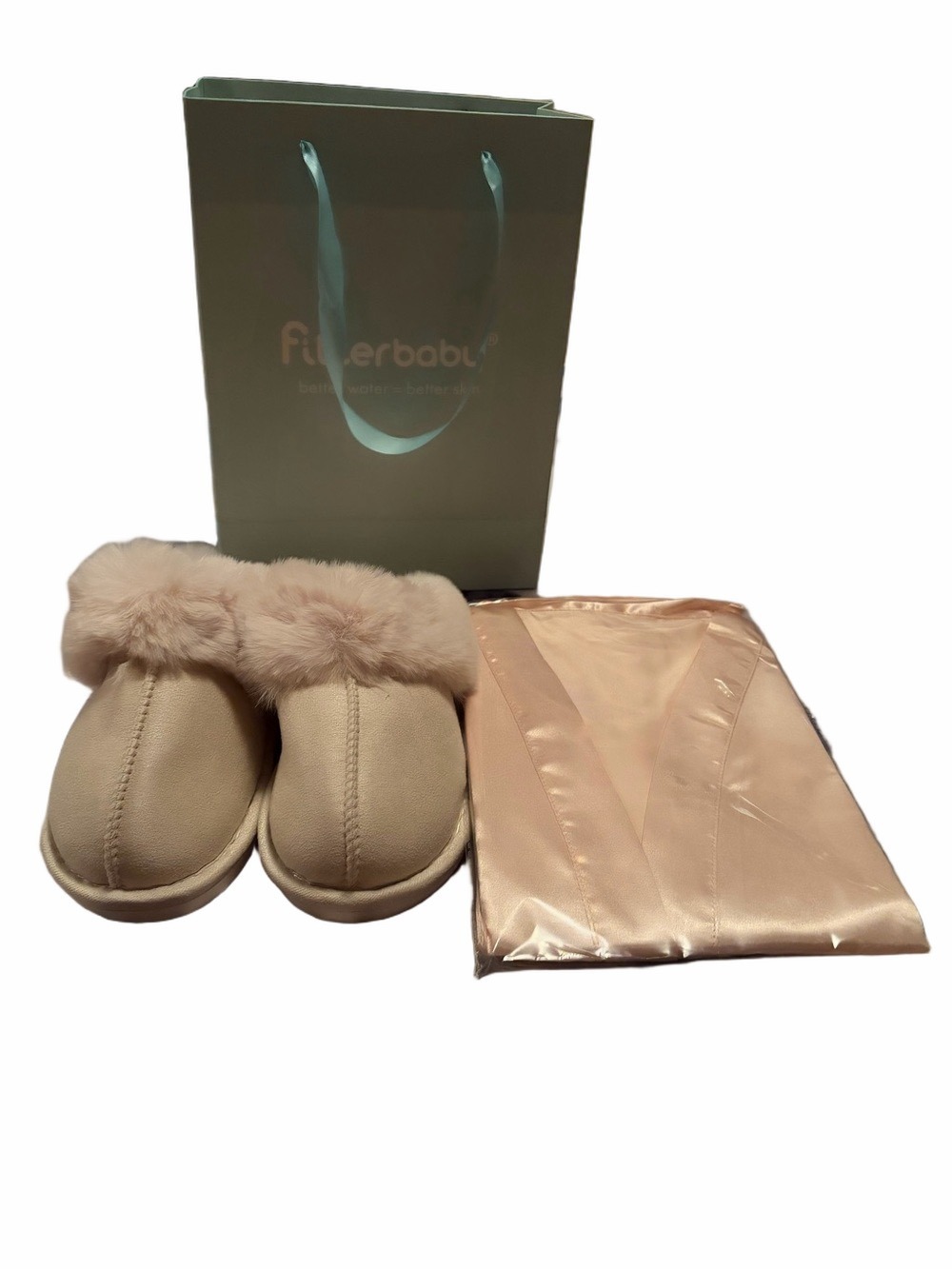 Blush Pink Fuzzy Trim Slippers Satin Robe